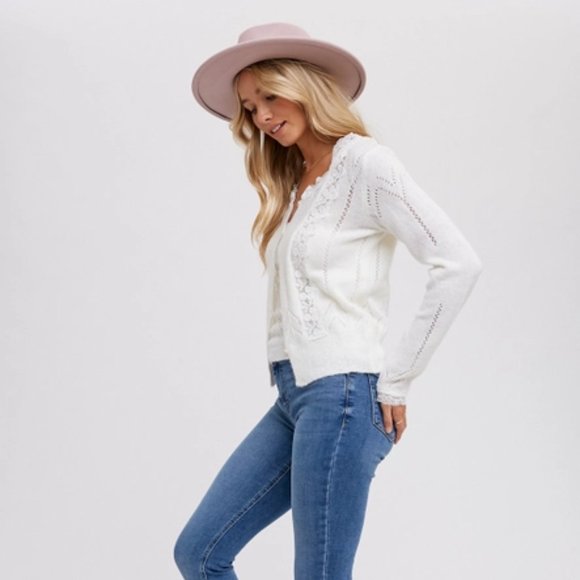 LACE TRIMMED KNIT CARDIGAN - IVORY - Picture 3 of 4